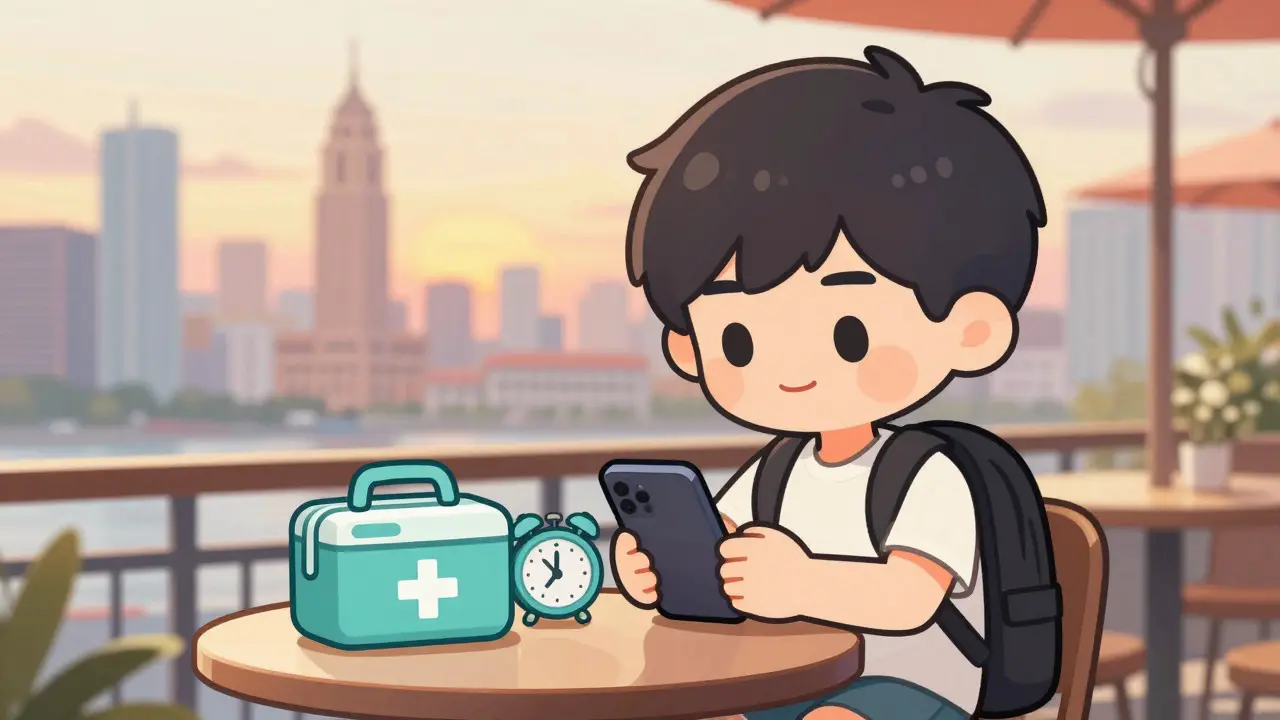 Chibi traveler checking phone alarm with med kit
