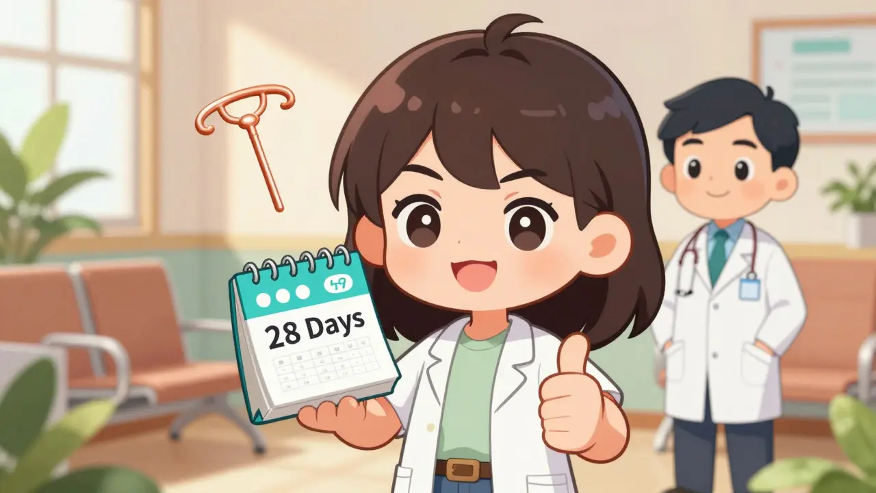 Chibi woman confidently holding condoms and a calendar, advised by a doctor for backup protection.