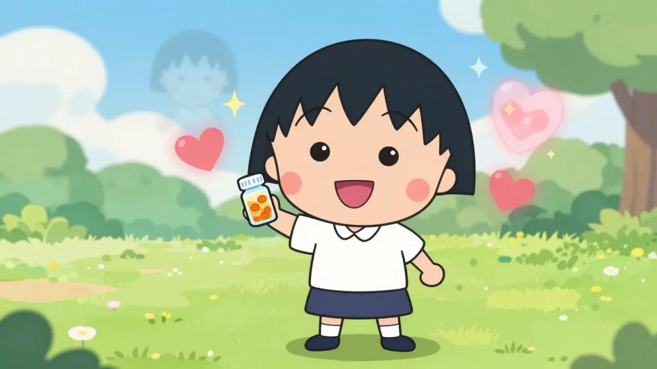 Happy chibi character in a park symbolizing recovery and long-term health