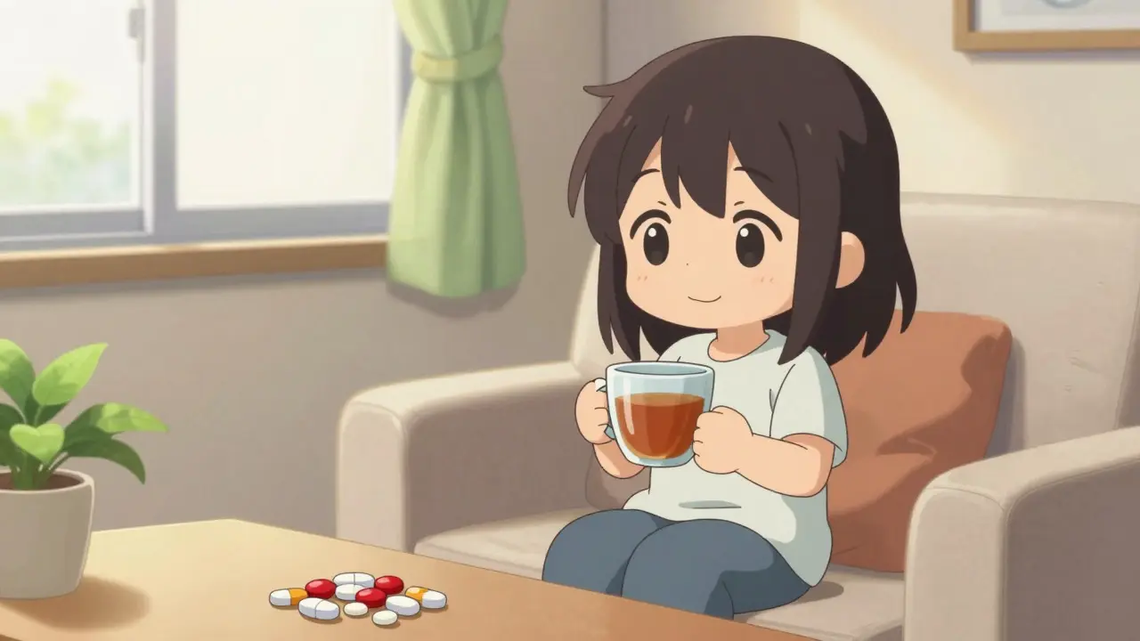 Relaxed chibi patient at home with a variety of different colored pills on a table