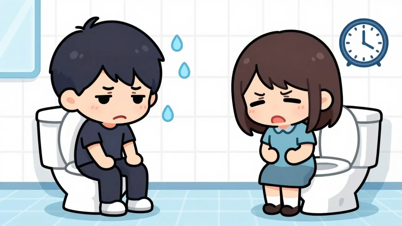 Split screen chibi characters showing different IBS symptoms in a bathroom setting