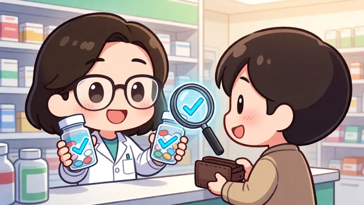 Chibi anime pharmacist showing equivalent generic and brand pills to a happy patient