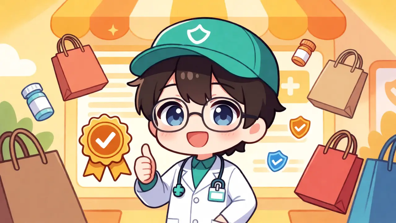 Chibi pharmacist giving thumbs up with verified online shopping icons